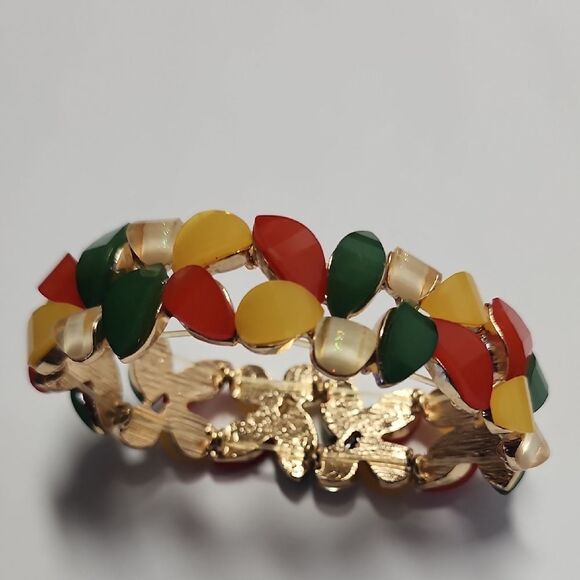 Vintage Gold Metal Tutti Frutti Red/Yellow/Green/Cream Lucite Stretch Bracelet - Picture 1 of 3